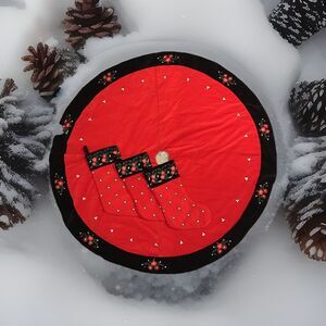 Vtg Christmas Set 52” Tree Skirt & 3 Stockings Bundle Embroidered Velvet Floral